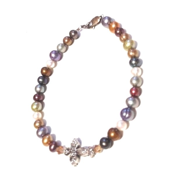 Jewelry - PRICE DROP! VINTAGE .925 FRESHWATER MULTI-COLORED PEARL BRACELET W/CROSS CHARM